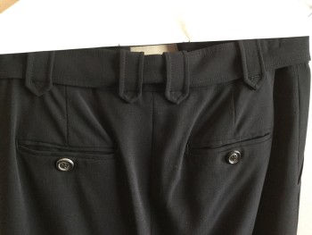 PIAZZA SEMPIONE, Black, Wool, Spandex, Solid, 1.5" Waistband with Belt Hoops, 2 Pleat Front & Zip Front, Detached Self Black Belt with Large Black Rectangle Buckle Front Center & 1 Button, 4 Pockets, Split Back Bottom Hem