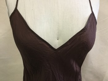 Womens, Negligee, NO LABEL, Dk Brown, Polyester, Solid, XS, Dark Brown Crinkle, V-neck, Spaghetti Straps, Flair  Bottom
