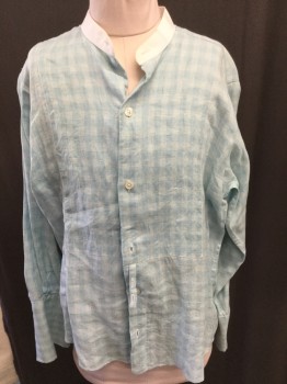 Childrens, Shirt 1890s-1910s, CHRIS SHIRTS, Aqua Blue, White, Linen, Plaid, 14/27, White Band Collar, Button Front, Bib Front, French Cuff