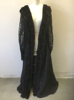 Womens, Historical Fiction Coat, N/L MTO, Black, Polyester, Fur, O/S, Slub Textured Polyester, with Sheer Net Long Sleeves with Swirled Appliques, Open at Center Front with Black Fur Edging, Black Fur Tassles Around Neck, Large Slits at Side Seams, Floor Length Hem, Made To Order