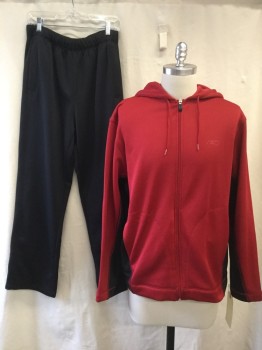 RBK, Dk Red, Black, Polyester, Solid, Color Blocking, Self Perforated Stretch, Long Sleeves, Zip Front, 2 Pockets,Drawstring Hoodie,