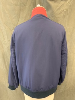 J. CREW, Navy Blue, Nylon, Solid, Zip Front, 3 Zip Pockets, Long Sleeves, Maroon Under Collar and Upper Pocket Trim, Cream Fleece Lining, Solid Navy Ribbed Knit Waistband/Cuff, Flap Across Lower Chest