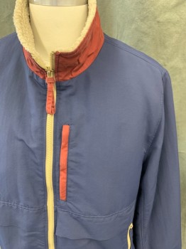 J. CREW, Navy Blue, Nylon, Solid, Zip Front, 3 Zip Pockets, Long Sleeves, Maroon Under Collar and Upper Pocket Trim, Cream Fleece Lining, Solid Navy Ribbed Knit Waistband/Cuff, Flap Across Lower Chest