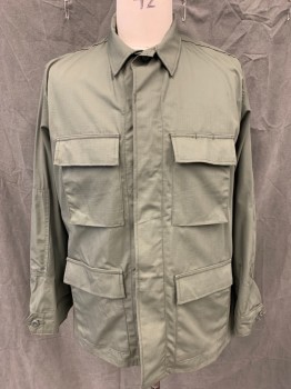 PROPPER, Dk Olive Grn, Cotton, Polyester, Solid, Button Front, Hidden Placket, Collar Attached, 4 Flap Pockets, Long Sleeves, Button Tab Cuff