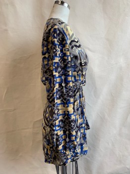 PARKER, Royal Blue, Black, Brown, Beige, Gray, Synthetic, Abstract , Geometric, V-neck, Cross Over Bust, Elastic Waist, Faux Wrap