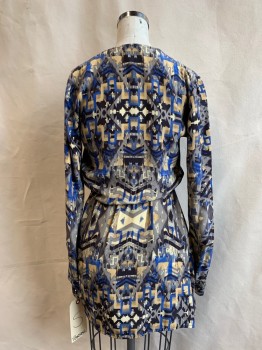 PARKER, Royal Blue, Black, Brown, Beige, Gray, Synthetic, Abstract , Geometric, V-neck, Cross Over Bust, Elastic Waist, Faux Wrap