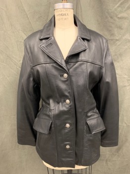 Womens, Leather Jacket, OAKWOOD, Black, Leather, Solid, S, Silver Ornate Button Front, Collar Attached, Notched Lapel, 4 Pockets, Back Elastic Waistband, Long Sleeves, Dark Red Quilted Fill Lining,