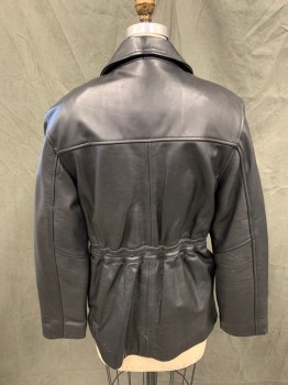 Womens, Leather Jacket, OAKWOOD, Black, Leather, Solid, S, Silver Ornate Button Front, Collar Attached, Notched Lapel, 4 Pockets, Back Elastic Waistband, Long Sleeves, Dark Red Quilted Fill Lining,