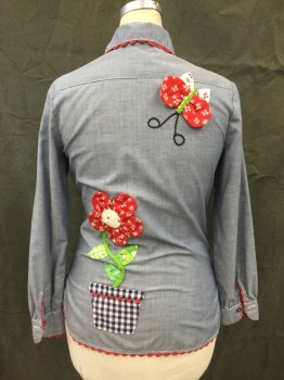 Womens, 1970s Vintage, Piece 1, CATHERINE CARR, Denim Blue, Red, Green, White, Navy Blue, Polyester, Cotton, Solid, B 38, Chambray Blouse, Red Button Front, Rickrack Trim, Pointy Collar Attached, 1 Pocket, Multiple Patterned Fabric Attached in Flower and Butterfly Pattern