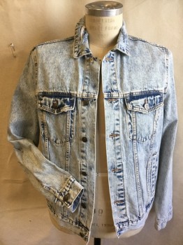 FOREVER 21 MEN, Blue, Cotton, Solid, Acid Washed Blue Denim, Collar Attached, Brass Button Front, 4 Pockets, Long Sleeves, Ripped/torn on Collar & Both Sleeves Elbow)