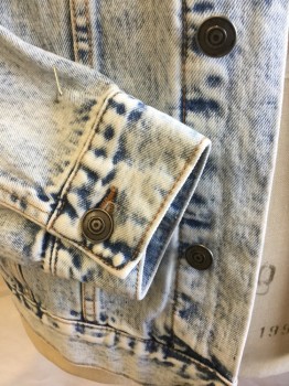 FOREVER 21 MEN, Blue, Cotton, Solid, Acid Washed Blue Denim, Collar Attached, Brass Button Front, 4 Pockets, Long Sleeves, Ripped/torn on Collar & Both Sleeves Elbow)