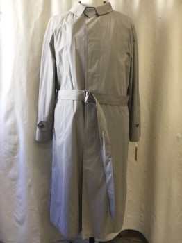 LONDON FOG, Gray, Synthetic, Solid, Button Front, Collar Attached, Two Pockets, Adjustable Cuffs, Belt