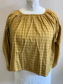 Womens, Historical Fiction Blouse, N/L, Mustard Yellow, Ochre Brown-Yellow, Cotton, Plaid, B:44, Long Sleeves, Buttons in Back, Gussets at Under Arms, Drawstring Round Neck,  Elastic Cuffs, Made To Order Prairie Frontier Woman