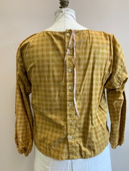 Womens, Historical Fiction Blouse, N/L, Mustard Yellow, Ochre Brown-Yellow, Cotton, Plaid, B:44, Long Sleeves, Buttons in Back, Gussets at Under Arms, Drawstring Round Neck,  Elastic Cuffs, Made To Order Prairie Frontier Woman
