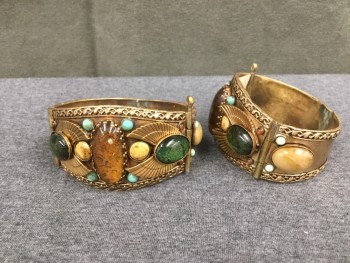 Unisex, Historical Fiction Jewelry, MTO, Brass Metallic, Multi-color, Metallic/Metal, S, Pair, Brass Bracelets, Hinged with Pin Closure, Brass Wing Medallions, Multi Color Stones