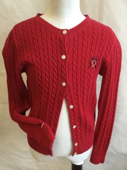 POLO -RALPH LAUREN, Red, Cotton, Acrylic, Cable Knit, Ribbed Knit Crew Neck, Long Sleeves Cuffs and Hem, Button Front, with Black/red Lady Bug on Left Chest