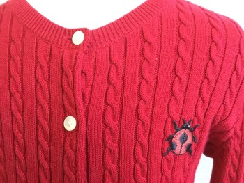 POLO -RALPH LAUREN, Red, Cotton, Acrylic, Cable Knit, Ribbed Knit Crew Neck, Long Sleeves Cuffs and Hem, Button Front, with Black/red Lady Bug on Left Chest