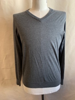 Mens, Pullover Sweater, THEORY, Gray, Wool, Heathered, Solid, L, V-neck, Long Sleeves