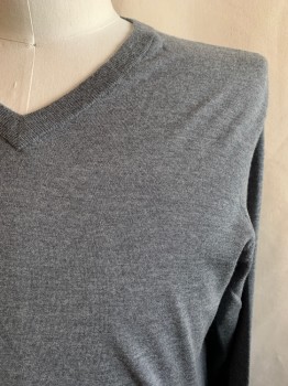 Mens, Pullover Sweater, THEORY, Gray, Wool, Heathered, Solid, L, V-neck, Long Sleeves