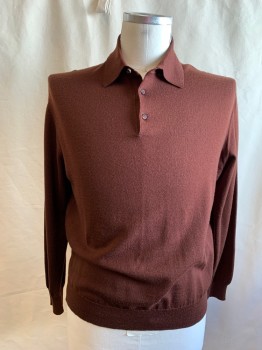 Mens, Pullover Sweater, ERMENEGILDO ZEGNA, Chocolate Brown, Wool, Solid, L, Polo, 3 Buttons,  Ribbed Knit Collar Attached, Ribbed Knit Waistband/Cuff *Hole in Right Shoulder*