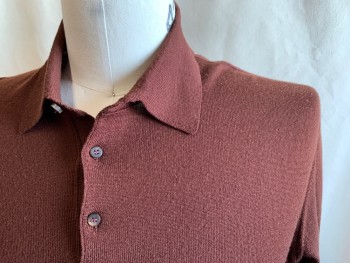 Mens, Pullover Sweater, ERMENEGILDO ZEGNA, Chocolate Brown, Wool, Solid, L, Polo, 3 Buttons,  Ribbed Knit Collar Attached, Ribbed Knit Waistband/Cuff *Hole in Right Shoulder*