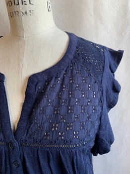 Womens, Top, STYLE & CO., Navy Blue, Cotton, Solid, S, Knit, 3 Button Front, Eyelet Yoke, Ruffle Cap Sleeve
