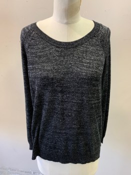 JOIE, Black, Silver, Rayon, Synthetic, 2 Color Weave, Long Sleeves, Crew Neck, Raglan Sleeve, Rib Knit Collar Cuffs and Waistband