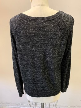 JOIE, Black, Silver, Rayon, Synthetic, 2 Color Weave, Long Sleeves, Crew Neck, Raglan Sleeve, Rib Knit Collar Cuffs and Waistband