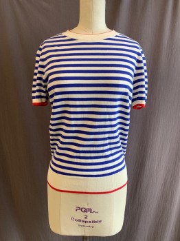 & OTHER STORIES, White, Blue, Red, Cotton, Silk, Stripes, Crew Neck, Short Sleeves, Elastic Waistband