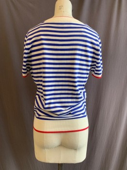 & OTHER STORIES, White, Blue, Red, Cotton, Silk, Stripes, Crew Neck, Short Sleeves, Elastic Waistband