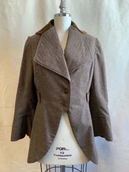 Womens, Jacket 1890s-1910s, N/L , Dusty Brown, Dk Brown, Brown, Wool, Plaid - Tattersall, W 34, B38, H 42, Single Breasted, Brown Velvet Covered Buttons, Brown Velvet Novelty Collar, Oversized Lapel, Cutaway, 2 Faux Pockets with Brown Velvet Trim, Extended Cuff with Brown Velvet Trim and Buttons