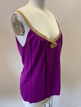 TRINA TURK, Purple, Gold, Rayon, Spandex, Solid, Stretch Jersey Tank Top with Gold Metallic 1/2" Wide Ribbon Detail at Neck and Straps, Strap Across Back Shoulders, Grecian Inspired