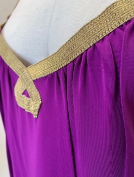 TRINA TURK, Purple, Gold, Rayon, Spandex, Solid, Stretch Jersey Tank Top with Gold Metallic 1/2" Wide Ribbon Detail at Neck and Straps, Strap Across Back Shoulders, Grecian Inspired