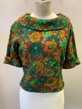 NL, Brown, Dk Green, Gray, Lime Green, Rayon, Acrylic, Floral, Cowl Neckline, Pullover, 3/4 Sleeves, Zip Back
