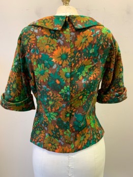 NL, Brown, Dk Green, Gray, Lime Green, Rayon, Acrylic, Floral, Cowl Neckline, Pullover, 3/4 Sleeves, Zip Back
