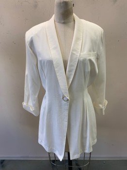 Womens, Blazer, RUMOURS, White, Rayon, Polyester, Solid, M, Single Breasted, 1 Button, 1 Pocket, Rolled Cuffs, Shawl Collar, Gold Metal/Self Button