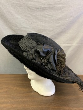 Womens, Hat 1890s-1910s, N/L, Black, Beaver, Silk, Wide Brim, Silk Band with 3D Flowers, Black Ostrich Feathers, Black Jet Beads,