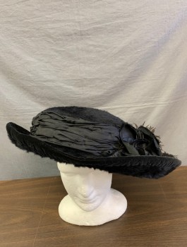 Womens, Hat 1890s-1910s, N/L, Black, Beaver, Silk, Wide Brim, Silk Band with 3D Flowers, Black Ostrich Feathers, Black Jet Beads,