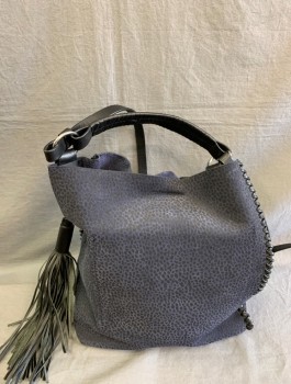 Womens, Purse, ALL SAINTS, Midnight Blue, Black, Leather, Spots , Rectangular Shape, Black Leather Handle with Fringed Tassle, No Closure/Open, No Lining