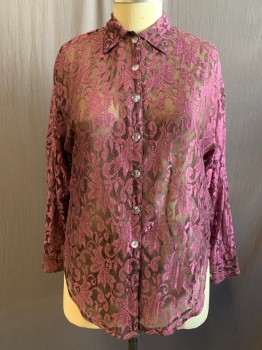 LE LACE, Purple, Dk Brown, Polyester, Floral, Purple Floral Lace Over Dark Brown Chiffon, Clear Plastic Button Front, Collar Attached, High-Low Hem, Long Sleeves, Button Cuff