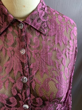 LE LACE, Purple, Dk Brown, Polyester, Floral, Purple Floral Lace Over Dark Brown Chiffon, Clear Plastic Button Front, Collar Attached, High-Low Hem, Long Sleeves, Button Cuff