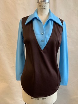 Womens, Shirt, H BAR C, Lt Blue, Dk Brown, Polyester, Color Blocking, S, Blue V Top and Pointy Collar, Blue Long Sleeves, Western Back Yoke