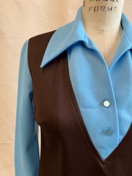 Womens, Shirt, H BAR C, Lt Blue, Dk Brown, Polyester, Color Blocking, S, Blue V Top and Pointy Collar, Blue Long Sleeves, Western Back Yoke