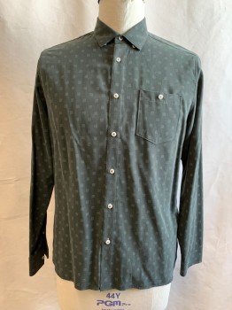 TED BAKER, Dk Green, Modal, Polyester, Medallion Pattern, Dark Green with White Dotted Squares, Button Front, Collar Attached, Long Sleeves, Button Cuff, 1 Pocket