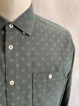 TED BAKER, Dk Green, Modal, Polyester, Medallion Pattern, Dark Green with White Dotted Squares, Button Front, Collar Attached, Long Sleeves, Button Cuff, 1 Pocket