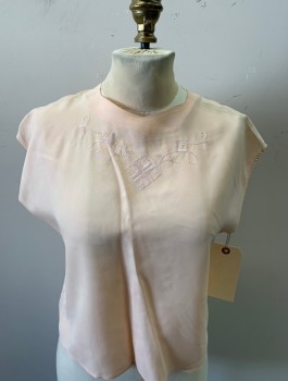 Womens, Blouse, FRUIT OF THE LOOM, Lt Peach, Silk, Solid, B:32 , XS, W:34, Novelty Jewel Neck Collar , Sleeveless,  Stiched Detail Squares and Floral  Back Buttons