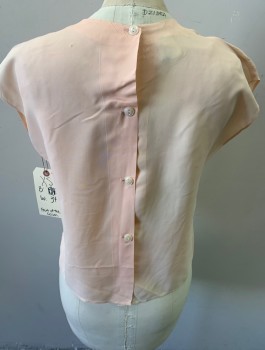Womens, Blouse, FRUIT OF THE LOOM, Lt Peach, Silk, Solid, B:32 , XS, W:34, Novelty Jewel Neck Collar , Sleeveless,  Stiched Detail Squares and Floral  Back Buttons