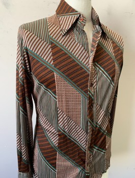 Mens, Shirt Disco, QUINESSA, Brown, White, Forest Green, Black, Nylon, Geometric, N:16, L, S:35-6, Qiana Shirt, Long Sleeves, Button Front, Collar Attached, Disco