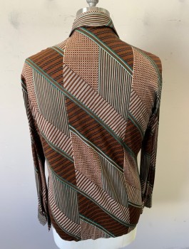 Mens, Shirt Disco, QUINESSA, Brown, White, Forest Green, Black, Nylon, Geometric, N:16, L, S:35-6, Qiana Shirt, Long Sleeves, Button Front, Collar Attached, Disco