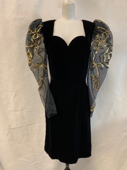 Womens, Cocktail Dress, WEEKEND, Black, Gold, Rayon, Solid, W 26, B 32, Black Velvet, Sweetheart Square Neck, Back Zip, Knee Length, Back Slit, Black Chiffon Puffy Long Sleeves with Gold Sequinned Ribbon and Gold Ribbon, Back Spaghetti Ribbon Tie at Neck